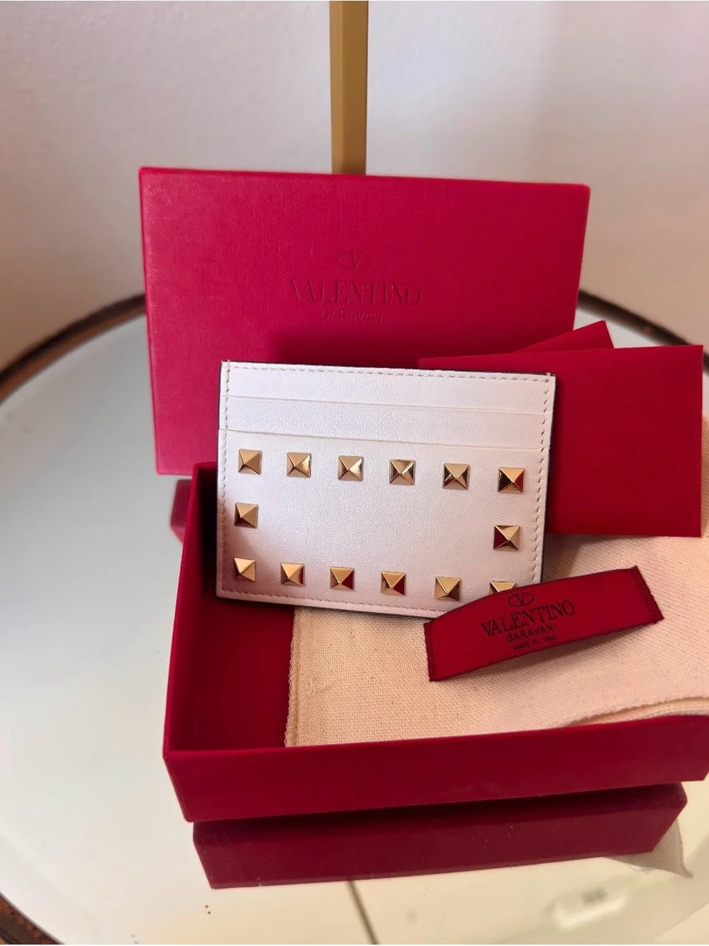 Valentino Garavani White Leather Card Holder with Gold Rockstuds